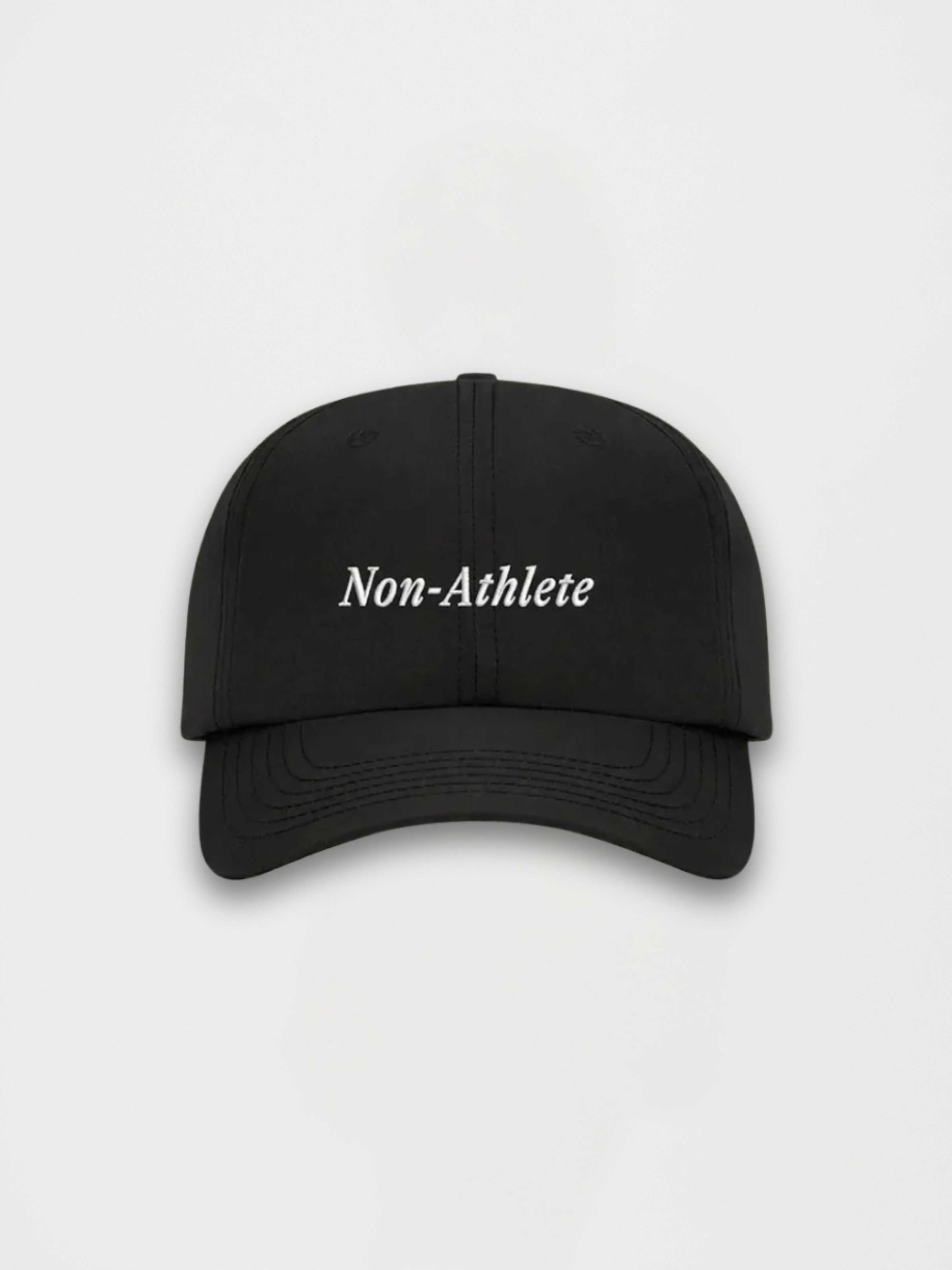 Non-Athlete black baseball cap with white embroidered logo